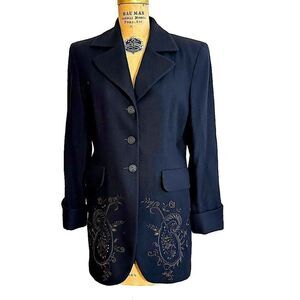 Script black long line wool blazer with copper embroidery detail